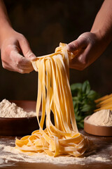 Freshly made pasta being shaped by skilled hands in a rustic kitchen setting, showcasing culinary craftsmanship and tradition