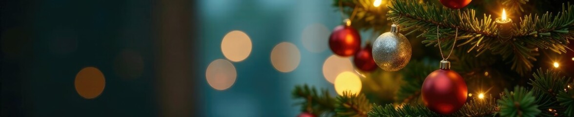 Tall Christmas tree lit from within with shining gold ornaments hanging down, silver, ornaments, evergreen