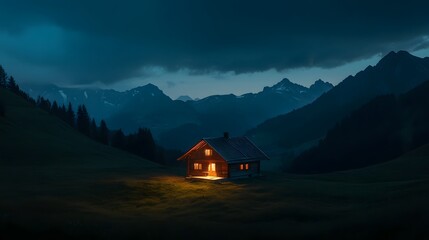 A cozy and charming cabin tucked away in the heart of the Austrian Alps surrounded by breathtaking mountain scenery and bathed in captivating cinematic lighting