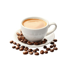 Fototapeta premium Enjoy a comforting cup of coffee resting on a white saucer, accompanied by scattered roasted coffee beans, creating a cozy atmosphere