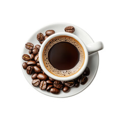 Rich black coffee is served in a white cup, surrounded by roasted coffee beans on a plate, signifying morning energy
