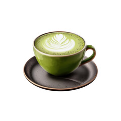 A vibrant green matcha latte served in a stylish cup, showcasing delicate latte art on top, placed on a rounded plate