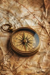 An antique compass rests on an old, detailed map, symbolizing exploration and adventure through time.