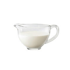 A clear glass creamer filled with freshly poured milk, perfect for adding to coffee or tea, enhancing beverages and dishes