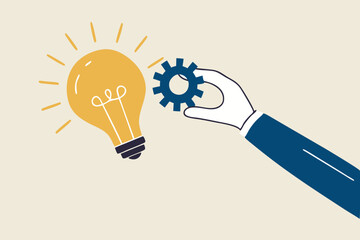 Implement business idea, development process or project implementation, new innovation, optimization or solution concept, businessman hand holding lightbulb idea implementing cogwheel to make it work.
