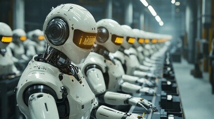 Fototapeta premium A group of advanced robots works in unison within a manufacturing facility, showcasing their synchronized movements and precision in assembling products. The environment is high-tech and streamlined