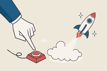 Launch startup rocket, start new business, boost rocket speed to success, begin entrepreneur company takeoff, fast growth corporate concept, businessman hand push start to launch startup rocket.