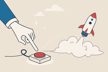 Launch startup rocket, start new business, boost rocket speed to success, begin entrepreneur company takeoff, fast growth corporate concept, businessman hand push start to launch startup rocket.