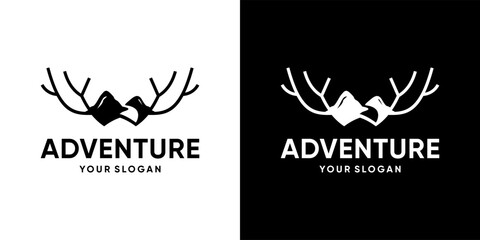 mountain adventure combination logo with a river and a deer antlers
