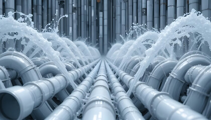 A Powerful Surge Of Water Erupts From A Network Of Interconnected Pipes, A Dynamic Display Of Controlled Energy And Precision Engineering In Cool, Metallic Tones