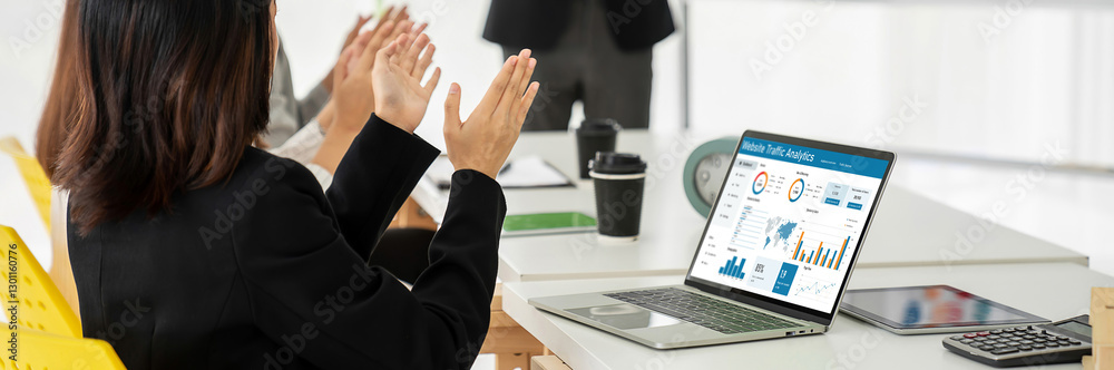 Poster computer software for website traffic analytics data on computer screen. concept of seo search engin