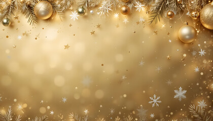 A Shimmering Golden Christmas Celebration With Elegant Ornaments, Sparkling Snowflakes, And Soft Festive Lights Creating A Warm, Magical Atmosphere