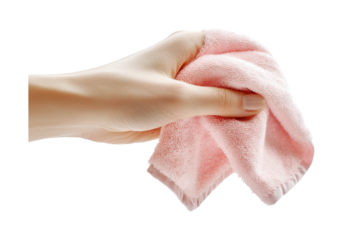 Hand holding a pink towel while squeezing to remove water after cleaning a surface in a bright and tidy kitchen environment, cut out