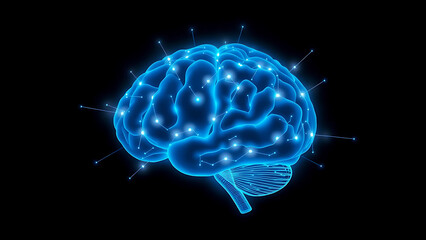 Futuristic digital illustration of a glowing blue brain with neural connections, perfect for technology, science, and artificial intelligence themes