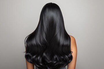Ultra-realistic back view portrait of an Asian woman with incredibly long, glossy black hair.