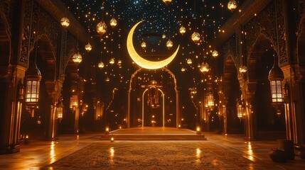 Fototapeta premium Crescent moon and stars shine above mosque silhouette in ramadan mubarak