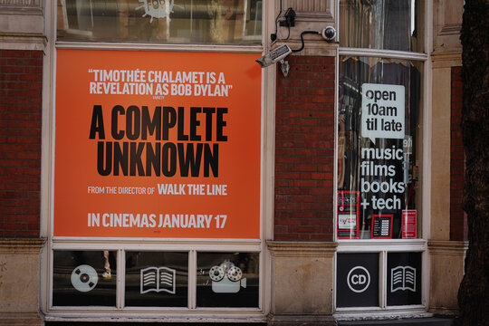 "A Complete Unknown" Biopic Movie Poster, Timothee Chalamet As Bob Dylan 2024 Biographical Film Poster, Central London, England, United Kingdom