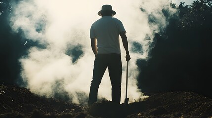 Obraz premium A mysterious figure in a hat with their back turned is intently digging a hole in the ground from which smoke is rising set against a cinematic dramatic lighting environment