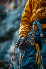 Close-up of a climber's hand gripping ropes, showcasing the gear used in the adventure sport of climbing.
