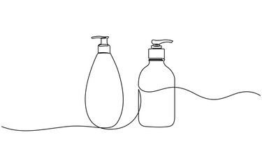 Cosmetic container bottle with pump dispenser vector, One line drawing. Cosmetic bottle with dispenser for hair or skin care product. Editable stroke.