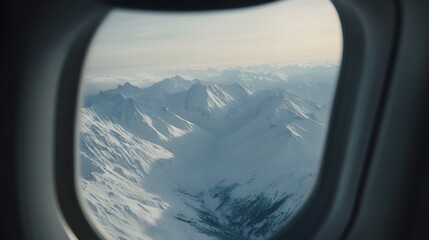 Naklejka premium Captivating aerial perspective showcasing the grandiose snowy mountain range framed by the small airplane window and enhanced by the contemporary cinematic lighting