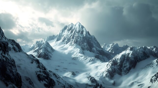 Breathtaking panoramic view of a majestic snowy mountain range with a prominent craggy peak under captivating cinematic lighting creating an ethereal and landscape