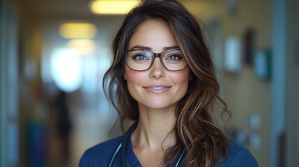 Fototapeta premium A confident female doctor with a stethoscope smiles in a hospital corridor.
