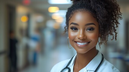 Fototapeta premium A confident female doctor with a stethoscope smiles in a hospital corridor.