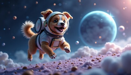 Cute dog in space suit running on alien planet surface with distant planet in background