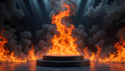 Fiery Triumph A Majestic Inferno Erupts From A Dark Stone Platform Amidst Swirling Smoke, A Dramatic Spectacle Of Intense Orange Flames And Moody Lighting