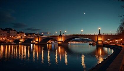 Obraz premium Cityscape at night with illuminated bridge reflecting on water under the moonlight