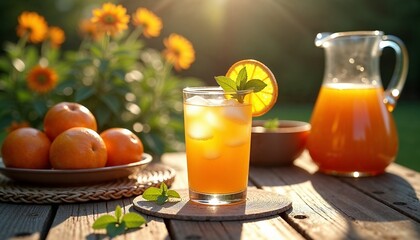 Fototapeta premium Orange juice in a glass with ice and mint on a wooden table with flowers and fruits