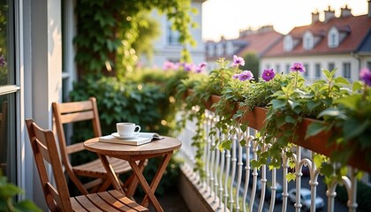 Obraz premium Balcony railing adorned with plants and flowers, featuring a cozy seating area for relaxation