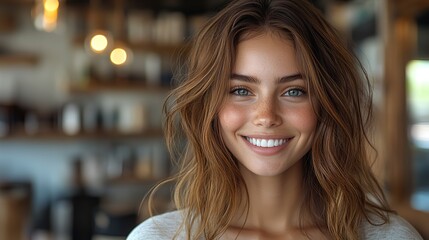 A confident woman smiles warmly in a contemporary hair salon, conveying beauty and happiness.