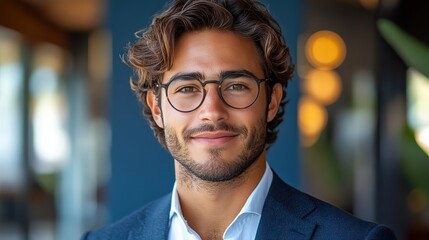 Fototapeta premium A confident young businessman in a suit and glasses smiles gently against a vivid blue background.