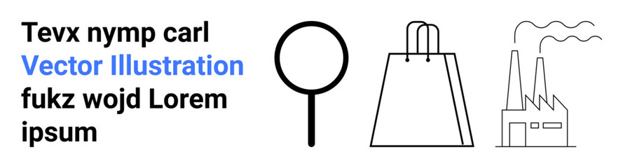 Magnifying glass outline, shopping bag, factory emitting smoke. Ideal for industrial themes, commerce, research, manufacturing, environmental issues branding web design. Landing page