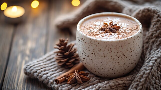 A cup of hot chocolate with cinnamon, anise, a candle, pine cone, snowflakes, and a scarf create a cozy winter scene.