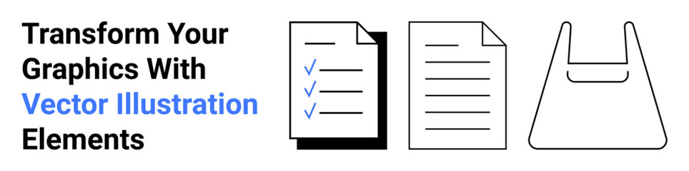 Checklist document, plain paper, and shopping bag icon emphasize clarity and creativity. Ideal for business materials, task management, e-commerce, minimal design, branding concepts, organization