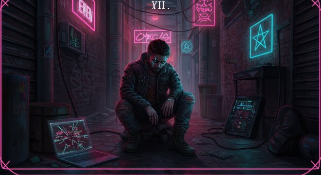 Neon-Lit Five of Pentacles Tarot Card Depicting a Downcast Hacker