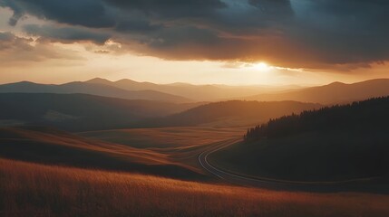 Dramatic Cinematic Sunset Illuminates Mountain Ridges And Peaks With A Winding Road Cutting Through The Vast Grassy Plains In The Foreground Creating A Serene And Picturesque Landscape Scene