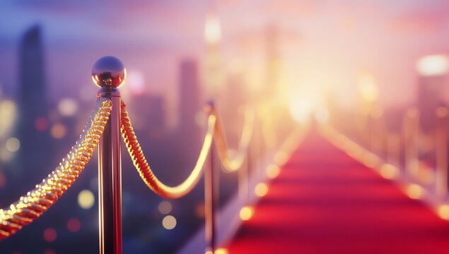 Glamourous red carpet event: A glamorous red carpet extends towards a cityscape bathed in a radiant glow, offering a sense of exclusivity and anticipation.