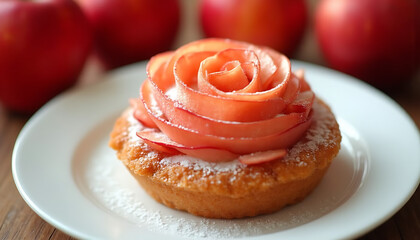 Fototapeta premium Delicious apple tart with rose-shaped apple slices on a plate