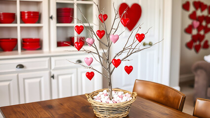 Valentine's Day Heart Tree Decoration on Dining Table in Cozy Home Interior