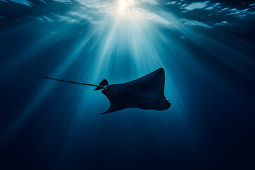 Elegant Stingray Gliding Through Clear Blue Ocean - A Mesmerizing Marine Life Scene Capturing the Beauty and Serenity of Oceanic Creatures