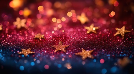 A festive overlay effect of colorful stars bokeh creates a festive glitter background suitable for Christmas, New Year, and Valentine's Day designs.