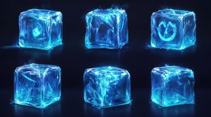 Obraz premium Glowing blue ice cubes with symbols, 3D render.