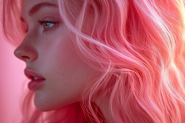 Fototapeta premium a young woman with pink hair posing in profile.