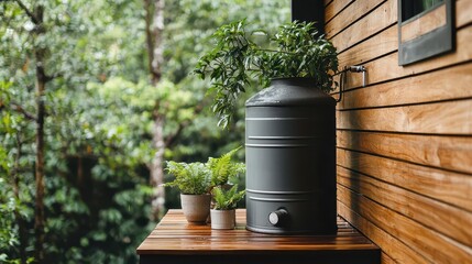 Naklejka premium Rainwater harvesting system in use at a remote ecoretreat, ecotourism sustainability feature, practical, environmental focus