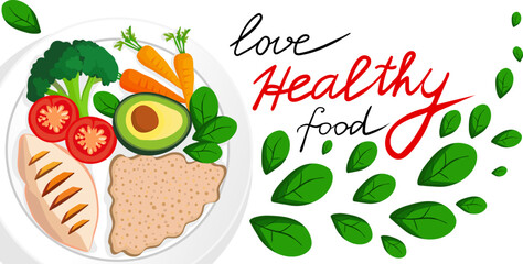 isolated postcard with plate vegetables avocado tomatoes broccoli spinach poultry porridge carrot food textile web design background love healthy food