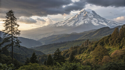 Fototapeta premium Majestic mountain landscape with lush green forests and dramatic clouds